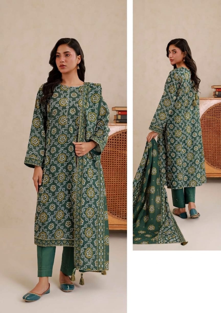 Product Title: Elegant Green Printed Lawn Suit 3 Piece (Shirt + Dupatta + Shalwar) – Summer Collection 30% OFF | Kashmir Clothes Center