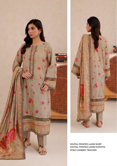 Elegant Beige Floral Printed Lawn Suit 3 Piece (Shirt + Dupatta + Trouser) – Summer Collection 30% OFF | Kashmir Clothes Center