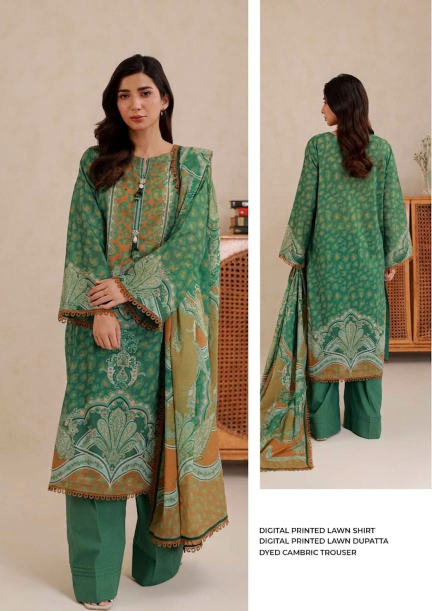 Elegant Green Digital Printed Lawn Suit 3 Piece (Shirt + Dupatta + Trouser) – Summer Collection 30% OFF | Kashmir Clothes Center